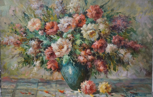 A decorative oil on board, Still life of flowers in a vase, 49 x 74cm. Condition - good